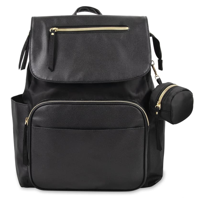 Baby Essentials Black Vegan Leather Multi-Pocket Magnetic Flap and Zipper Closure Fashion Diaper Bag Backpack with Matching 6-Ply Folding Baby Changing Pad, Stroller Straps and Pacifier Pouch in Black