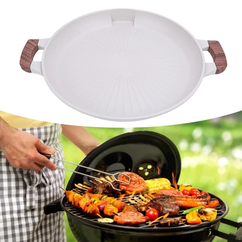 Korean Grill Plate, Maifanite Round BBQ Plate Portable Even Heating for Indoor Outdoor Grilling