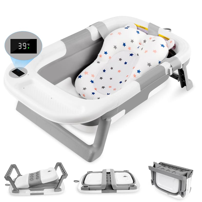 Folding Baby Bath Tub with Soft Support Cushion and Temperature Sensor, Anti-Slip Portable Travel Bathtub Shower Basin (59x40x20cm,Grey)