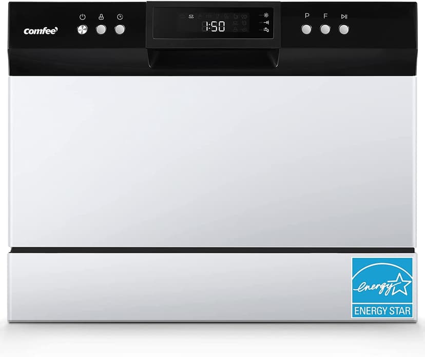 Comfee' Energy Star Countertop Portable Dishwasher, 6 Place Settings, 8 Wash Programs, for Apartments and RVs, Black/White