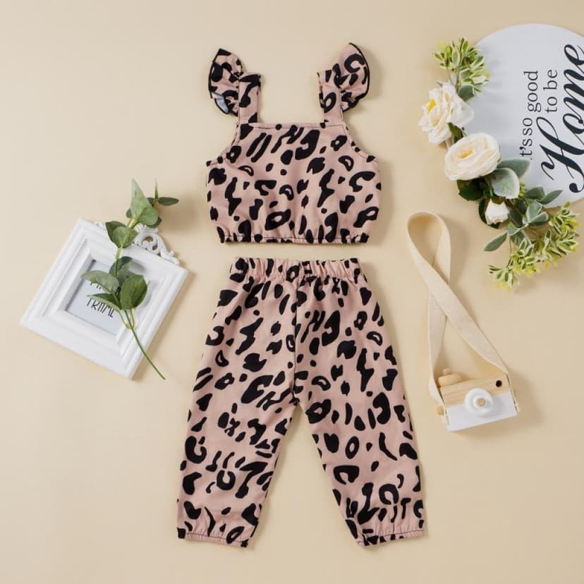 Baby Cute Leopard Print Sling Two Piece Set Black 120cm