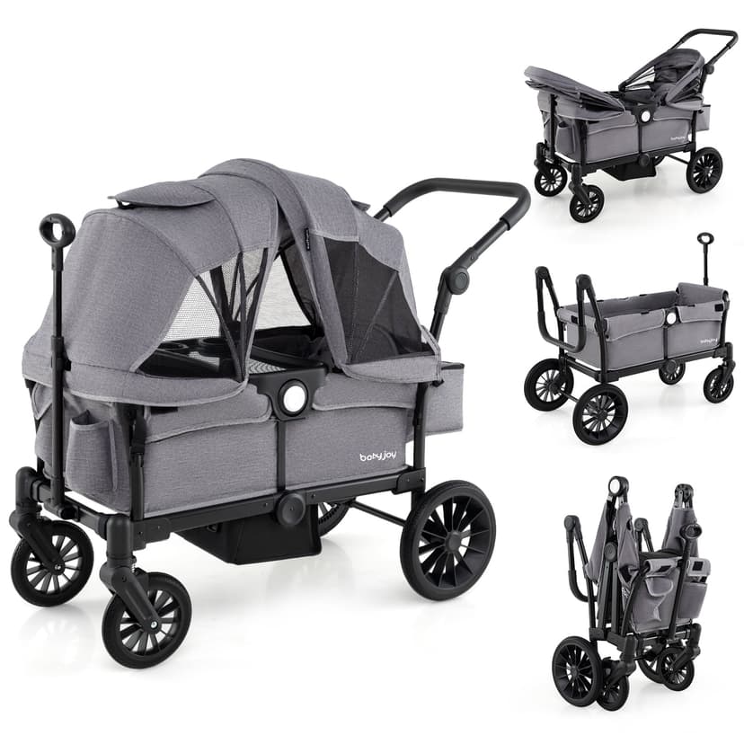 Babyjoy Wagon Stroller for 2 Kids Push Pull Double Stroller with Adjustable Handle Gray