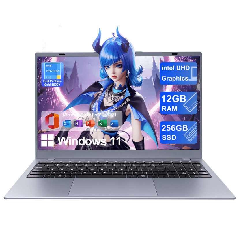 RNRUO 15.6" Laptop with Windows 11, 12GB RAM 256GB SSD, FHD Screen Full Size Keyboard, Office 2024 Included, Portable Laptop for Students and Home Use, Silver