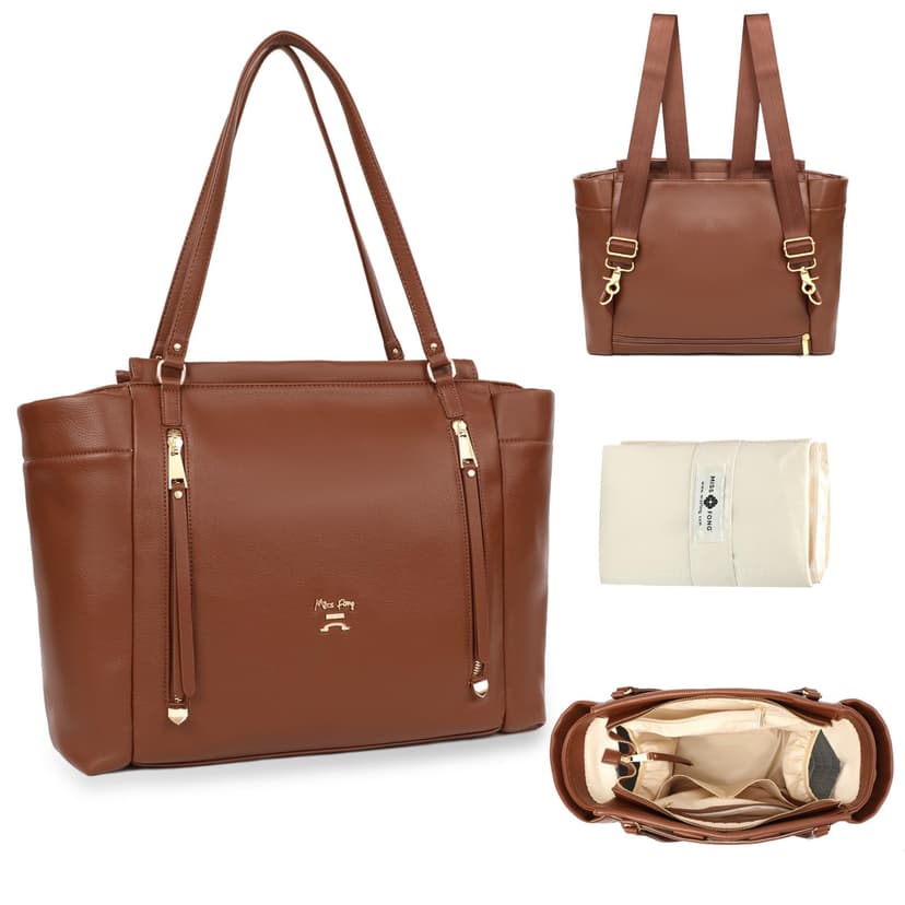 miss fong Diaper Bag Tote Leather Diaper Bag Backpack, Large Capacity Mommy Bag Hospital Bag, 12 Pockets Travel Diaper Tote with Changing Pad,Stroller