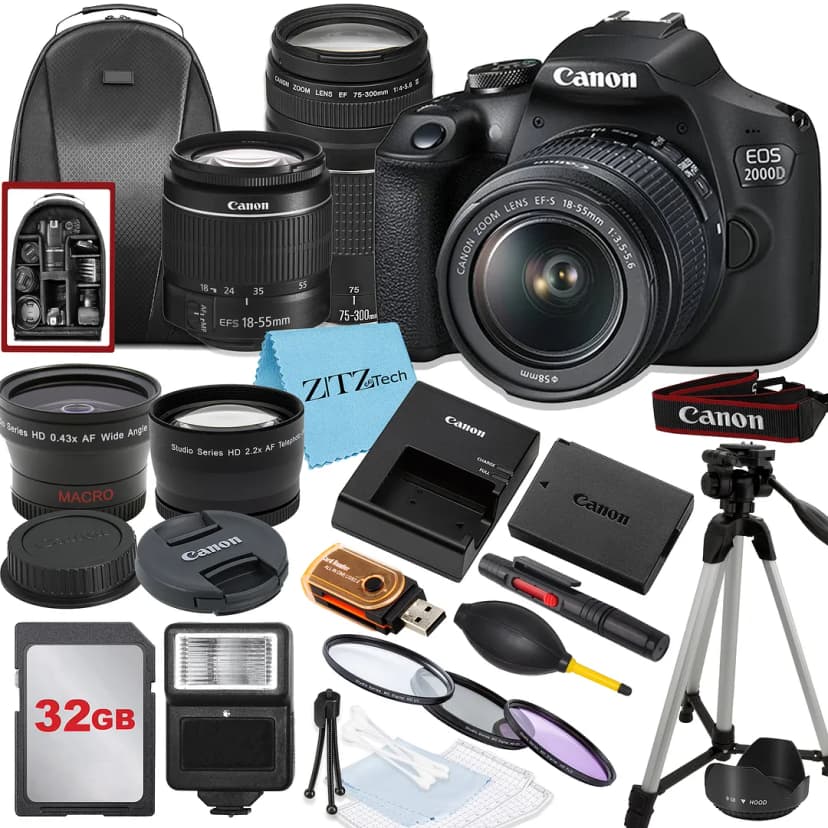 Canon EOS 2000D / Rebel T7 DSLR Camera with 18-55mm, 75-300mm Lens, 32GB Memory, Tripod, Backpack and ZeeTech Bundle