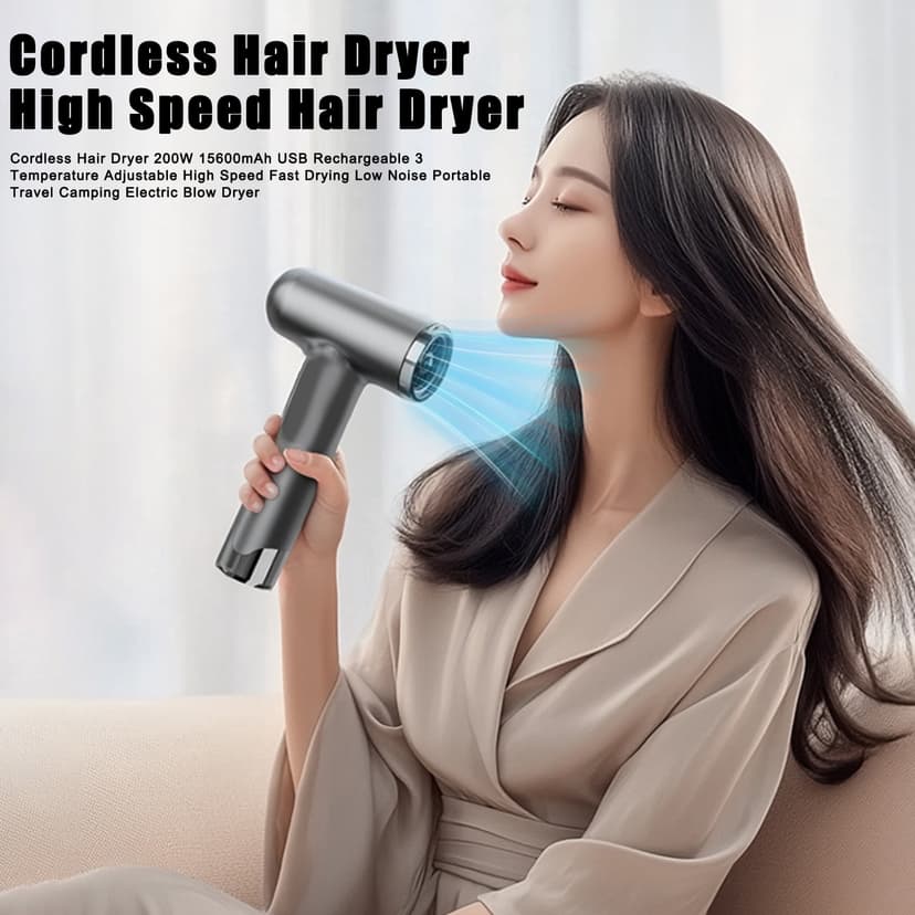 Cordless Hair Dryer 200W 15600mAh USB Rechargeable 3 Temperature Adjustable High Speed Fast Drying Low Portable Travel Camping Electric Blow Dryer