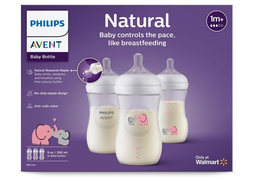Philips Avent Natural Baby Bottle With Natural Response Nipple, With Blue Elephant Design, 3x9oz Bottles, SCY903/63