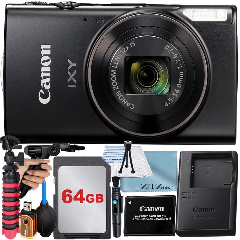 Canon PowerShot IXY 650 (ELPH 360) HS Digital Camera (Black) with 12x Optical Zoom Lens + 64GB Memory Card + Tripod + ZeeTech Basic Bundle