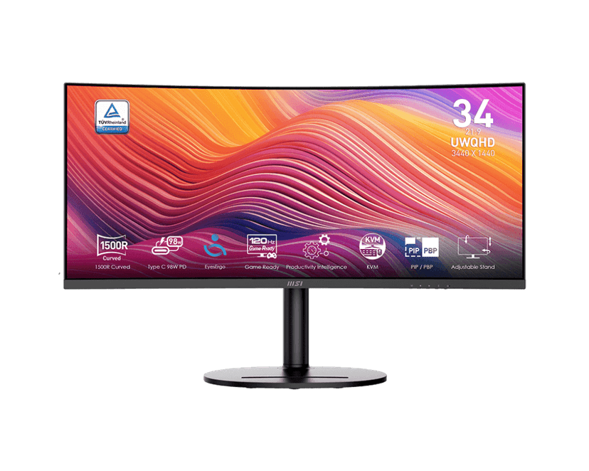 MSI 34" VA 3440 x 1440(UWQHD) Computer Monitor, 120Hz, 1800R Curved, Adaptive-Sync, HDMI, DP, USBC 98W Power Delivery, KVM, Height Adjustable, VESA, Speaker, 1ms, Black (Modern MD342CQP)