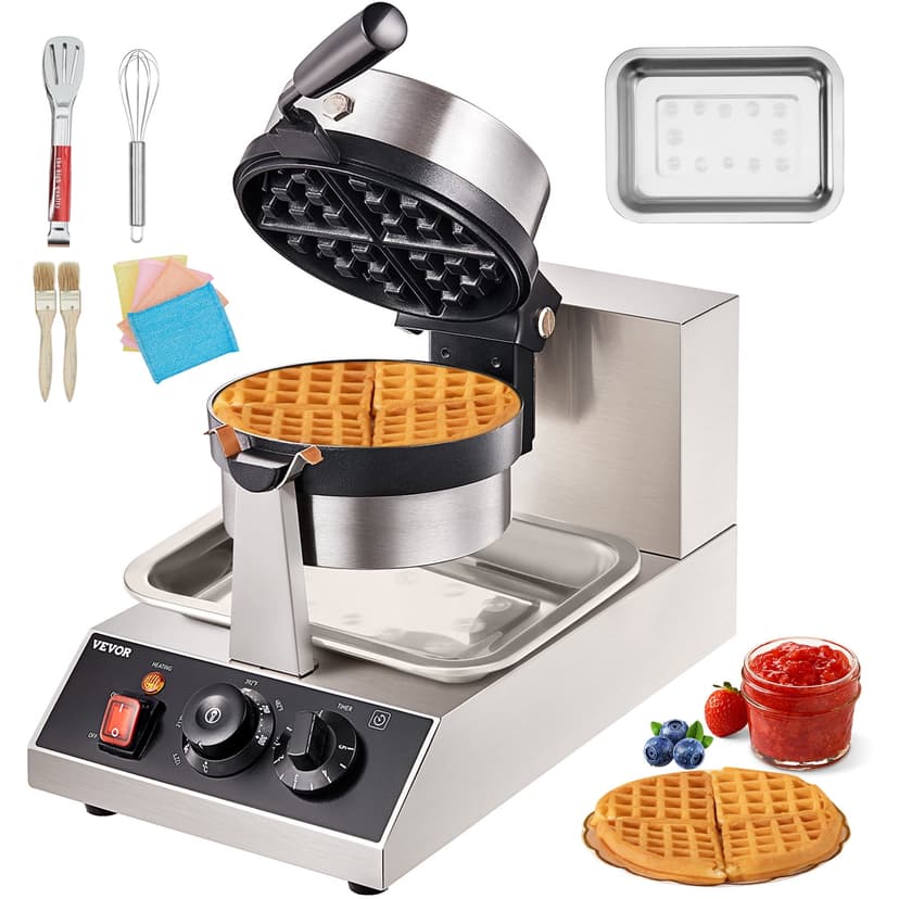 KFFKFF Industrial Waffle Creator, 1300W Circular Waffle Mold, Easy-Clean Waffle Baking Device with 122-572℉ / 50-300℃ Temperature Spectrum, Teflon-Layered Cooking Trays and Stainless Steel Structure
