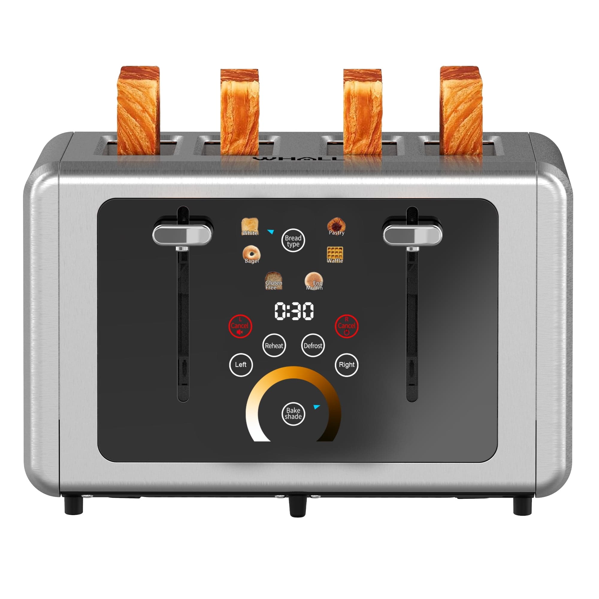 WHALL® Touchscreen Toaster 4 Slice - Stainless Steel Toaster, 6 Shade Settings, Extra Wide Slots Toaster With Bagel, Cancel, Defrost Functions