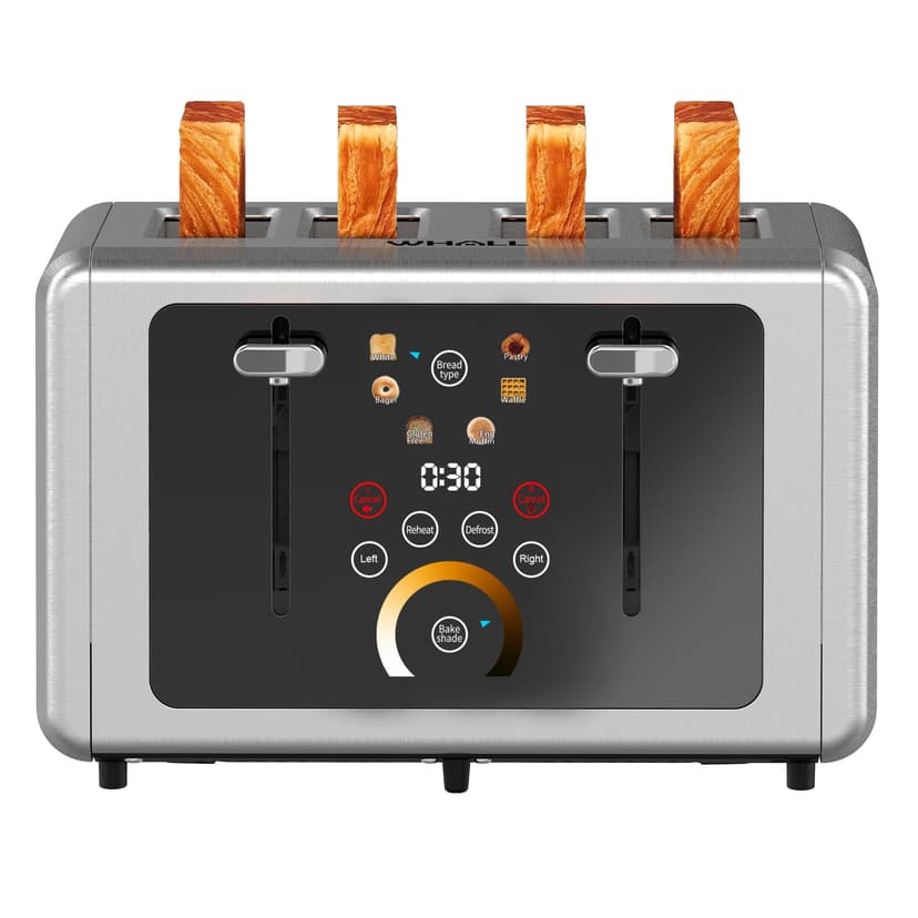 WHALL® Touchscreen Toaster 4 Slice - Stainless Steel Toaster, 6 Shade Settings, Extra Wide Slots Toaster With Bagel, Cancel, Defrost Functions
