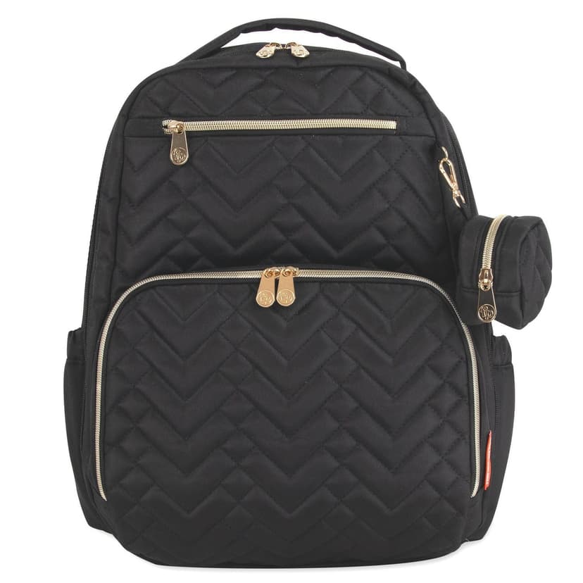 Fisher-Price Morgan Chevron Quilted Multi-Pocket Diaper Bag Backpack with 6-Ply Matching Changing Pad, Insulated Bottle Pocket, Tablet Pocket, Stroller Straps and Paci Pouch in Black
