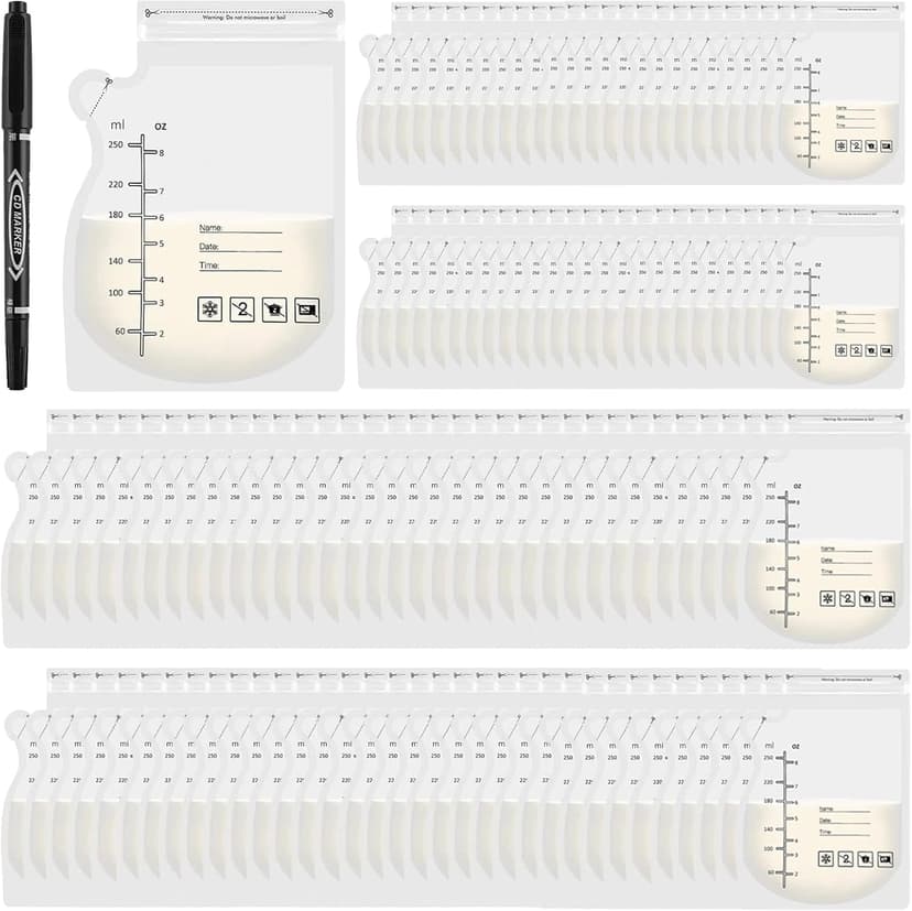 KASURE 110 Pcs Breast Milk Storage Bags 250 mL Breastmilk Containers with Scale Zipper BPA-Free Storing Bag with a Black Marker