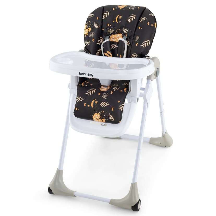 Baby High Chair w/ 7 Height & 3 Footrest Adjustable Cup holder 2 Wheels Black