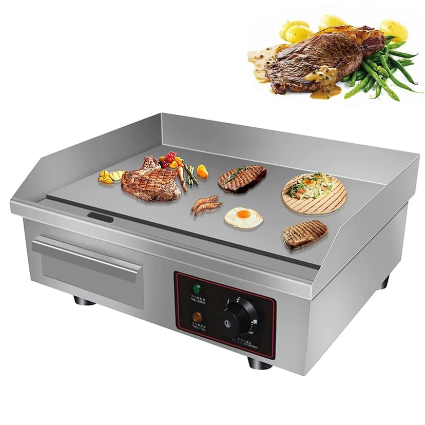 INTBUYING 1500W 14" Commercial Electric Countertop Flat Top Griddle Stainless Steel Non-Stick Griddles with Adjustable Temperture Control 110V for Teppanyaki Restaurant