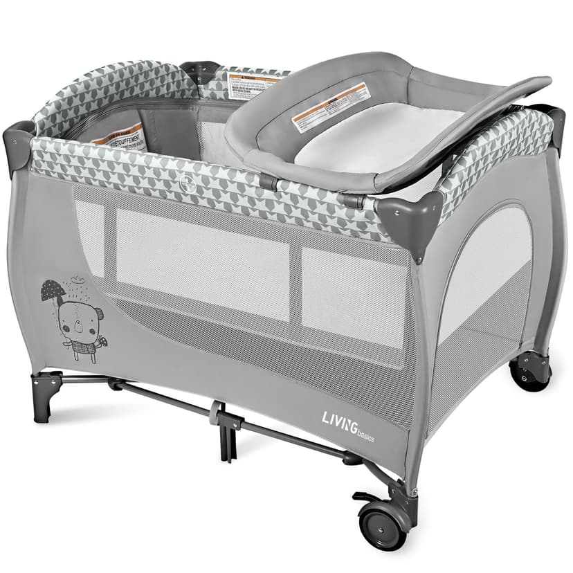 3 in 1 Baby Playard, Folable Baby Bassinet with Changing Table and Side Zipper Gate, Portable Crib Travel Playard, Grey