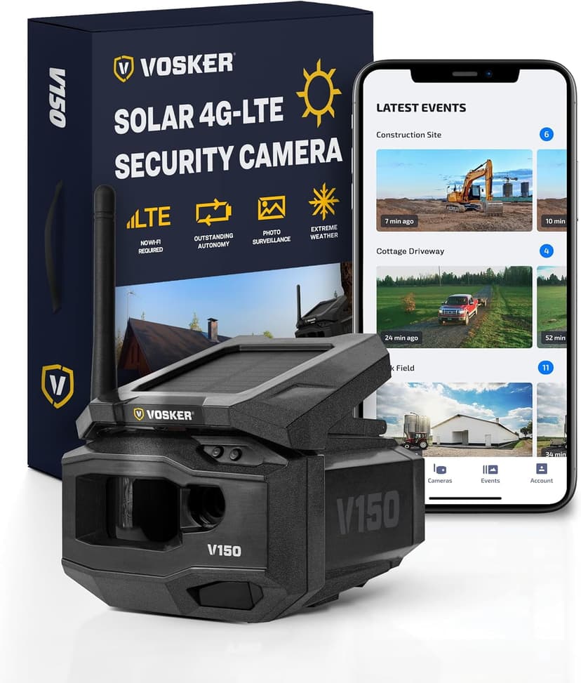 VOSKER V150 Solar-Powered LTE Cellular Security Camera, Motion-Activated, Weather-Resistant (IP65), 1080p, Mobile App