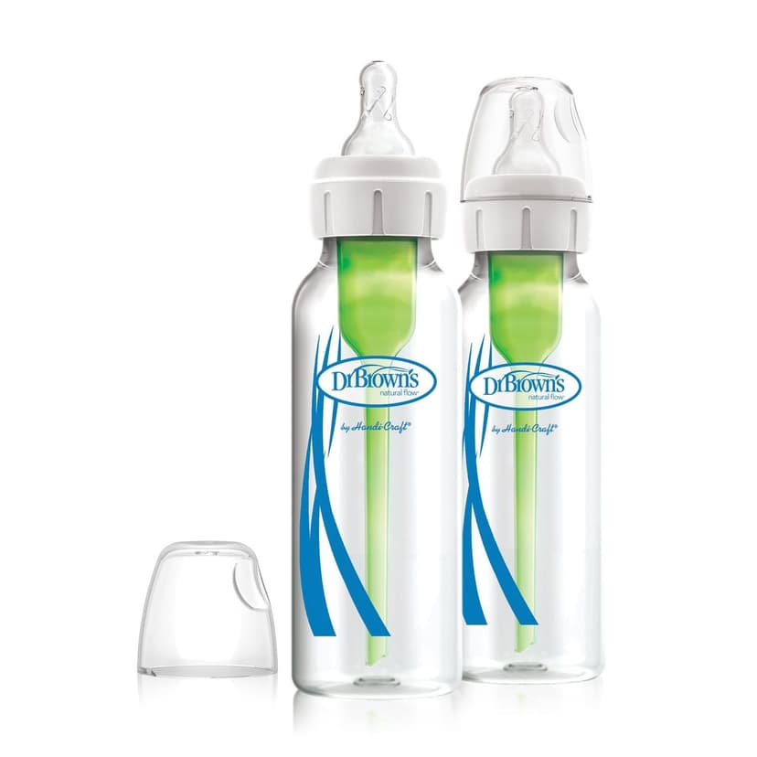 Dr. Brown's Natural Flow Anti-Colic Options+ Narrow Glass Baby Bottles with Level 1 Slow Flow Nipple, 0m+, 2 x 8oz Glass Bottles