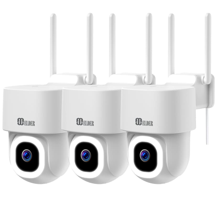 Elder 4K Security Camera PTZ WiFi Outdoor x3 Pack 64GB Semi Wireless, AI-Powered Detection DIY Smart Home, Spotlight Deterrence & Color Night Vision, Works with Hey Google & Alexa