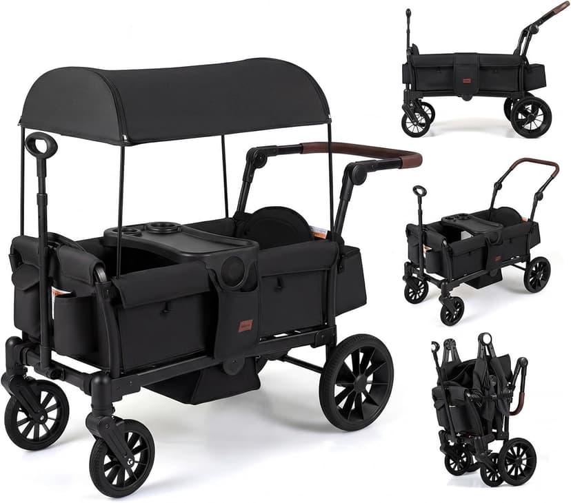 INFANS Wagon Stroller for 2 Kids, Foldable Wagon Cart with Adjustable Handle Pull Bar, Removable Canopy, Footwell, Snack Tray, Harnesses for Infants Toddlers 6-36 Months
