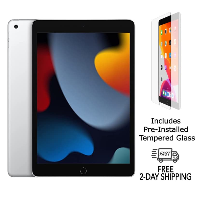 Refurbished Apple iPad 9th Gen A2603 (WiFi + Cellular Unlocked) 64GB Silver (Grade B) w/ Pre-Installed Tempered Glass