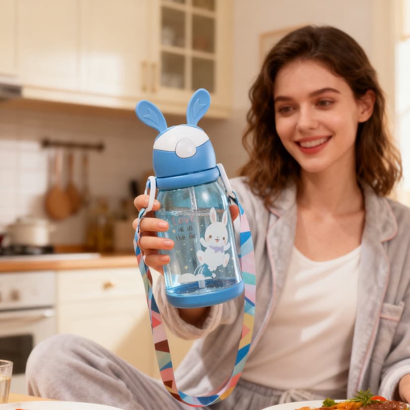 Fwttom Home Decor Rabbits-Shaped Strap Water Bottle with F Lip-Top Lid and Large Capacity Straw Water Bottle