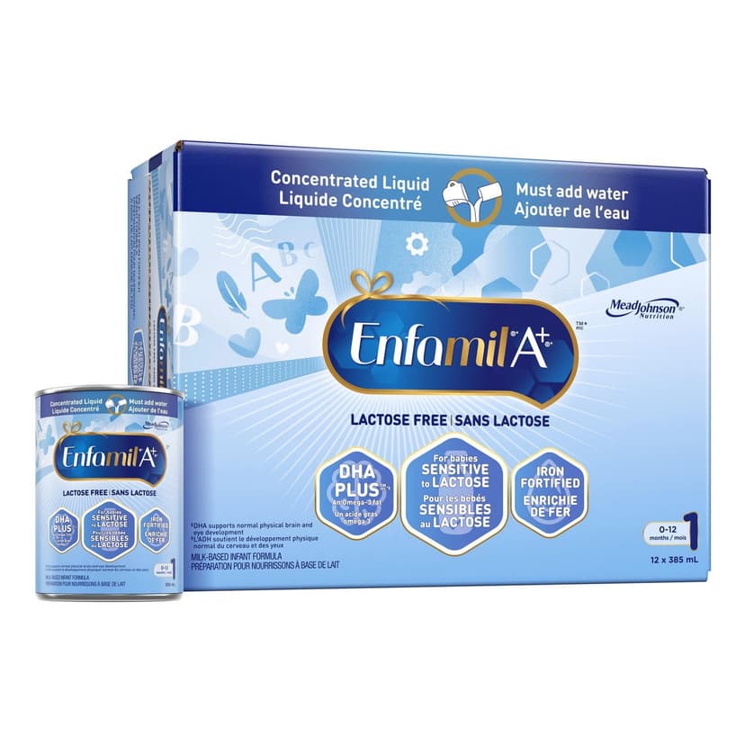 Enfamil A+ Lactose Free Baby Formula, Infant Formula, 0-12 months, 12x385mL Concentrated Liquid Cans