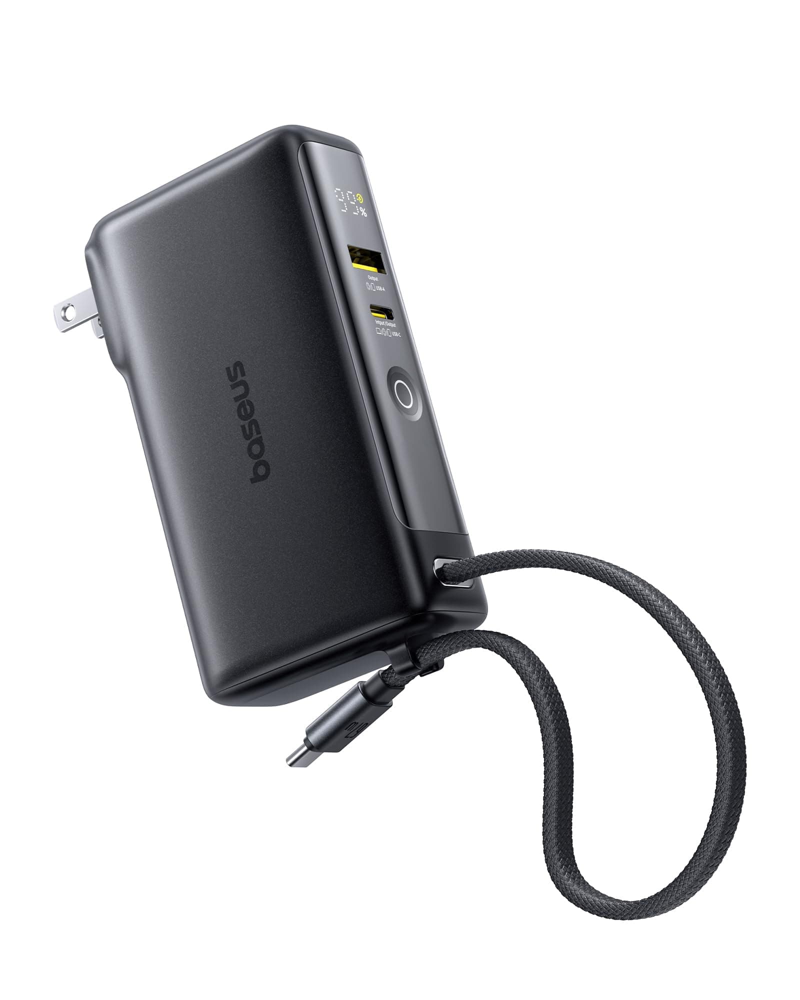 Baseus Nomos Power Bank, 67W Foldable Wall Plug and 10,000mAh 35W Portable Charger, 3-in-1 Travel Essentials Battery Pack Built-in USB-C Cable, for i