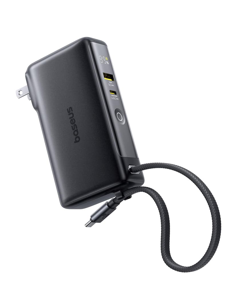 Baseus Nomos Power Bank, 67W Foldable Wall Plug and 10,000mAh 35W Portable Charger, 3-in-1 Travel Essentials Battery Pack Built-in USB-C Cable, for i