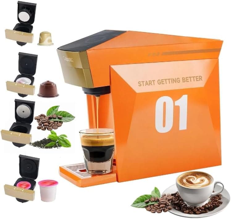 4 In 1 Single Server Coffee Maker, Mini Coffee Machine for Nespresso Original/K cups/Dolce Gusto Original/Ground Coffee, 19 Bar Espresso Machine Fit for Home Office, Orange