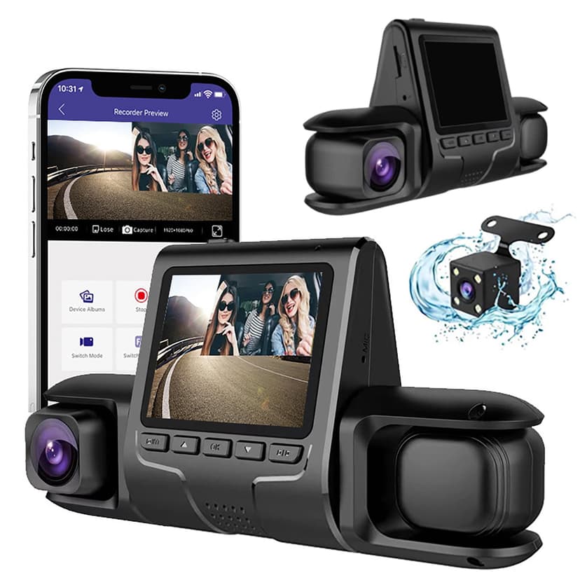 EGNMCR 3 Channel Dash Cam Front And Rear Inside 1080P Dash Camera For Cars Dashcam Three Way Car Camera With IR Night Vision Loop Recording Motion Detection recording meter