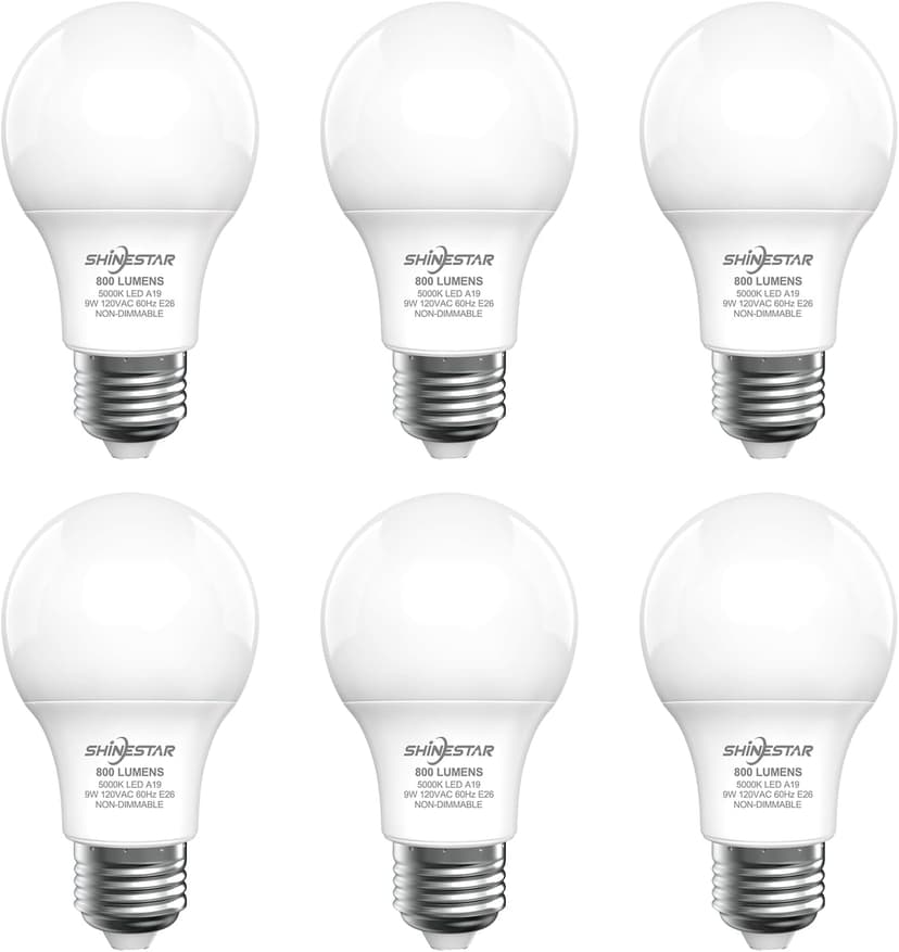 SHINESTAR A19 LED Light Bulb 60W Equivalent 5000K Daylight White E26 Base 6-Pack