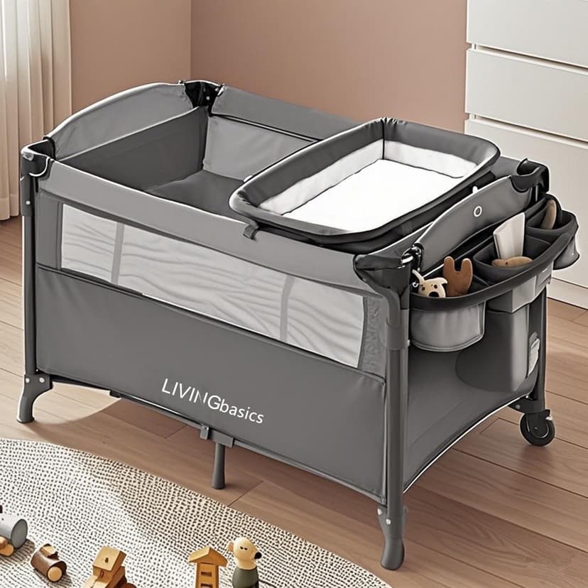 4 in 1 Foldable Baby Bassinet Beside Sleeper, Large Baby Playard Beside Crib with Diaper Changing Table and Side Door Design, Grey