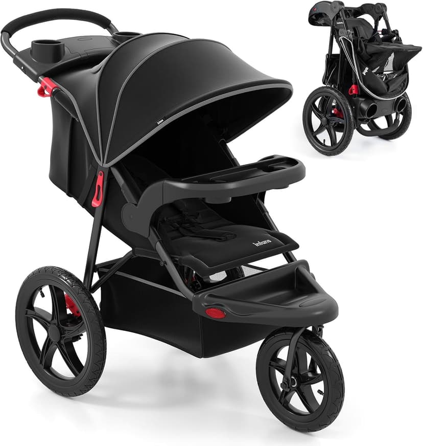 INFANS Jogging Stroller, Jogger Travel System with Shock Absorbing Suspension Dining Plate Cup Holder Adjustable Backrest, Lightweight Baby Strollers for Newborn