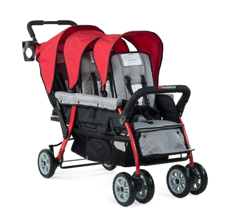 Foundations Compass Trio Triple Stroller, 3-Seat Tandem with UV Canopies and Reclining Seats, Red/Black