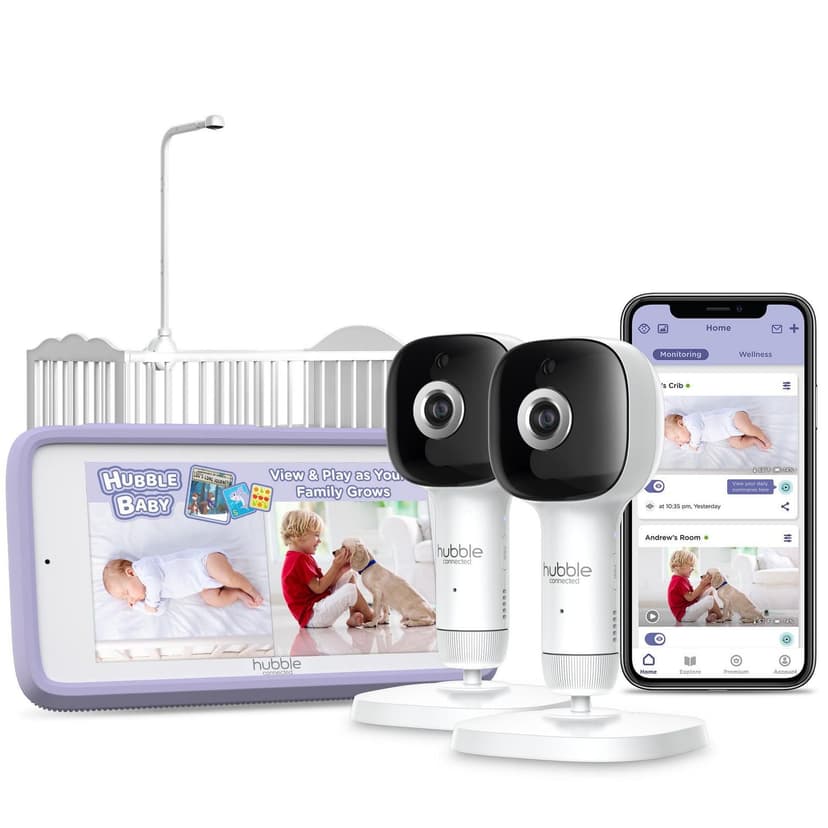 Hubble Connected SkyVision AI Pro Twin, AI Powered HD Baby Monitor with 2 Crib Mount Cameras + 5" Smart Touch Screen Viewer - White