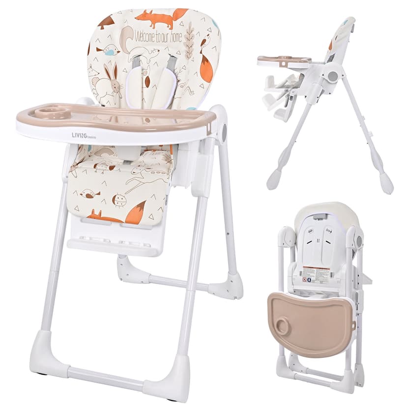 Foldable Baby High Chair, Baby Feeding Highchair Dining Chair with Adjustable Food Tray & Footrest, Adjustable Heights & 3 Reclining Backrest, PU Seat & Embedeed Rear Wheels