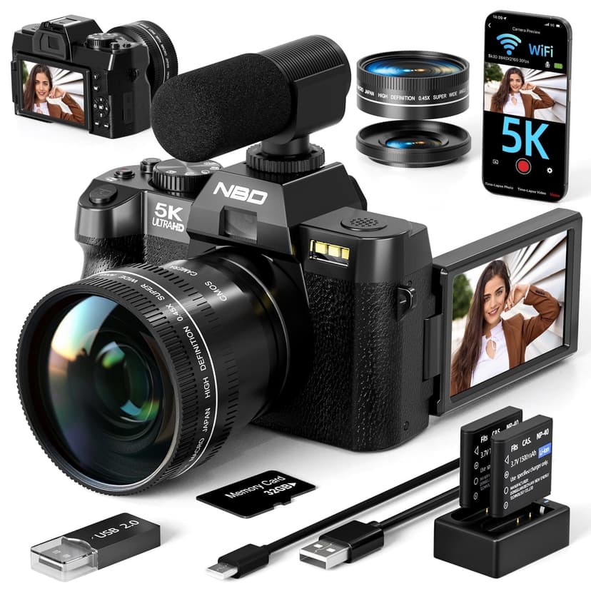 NBD 5K Digital Camera for Photography, 48MP Autofocus Vlogging Camera with 32GB TF Card, Black
