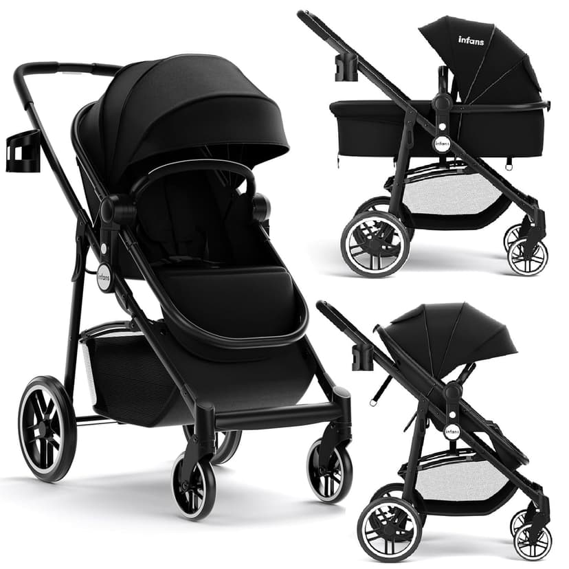 INFANS 2 in 1 Baby Stroller, High Landscape Infant Stroller and Reversible Bassinet Pram, Foldable Pushchair with Adjustable Canopy, Cup Holder, Storage Basket, Suspension Wheels (Black)