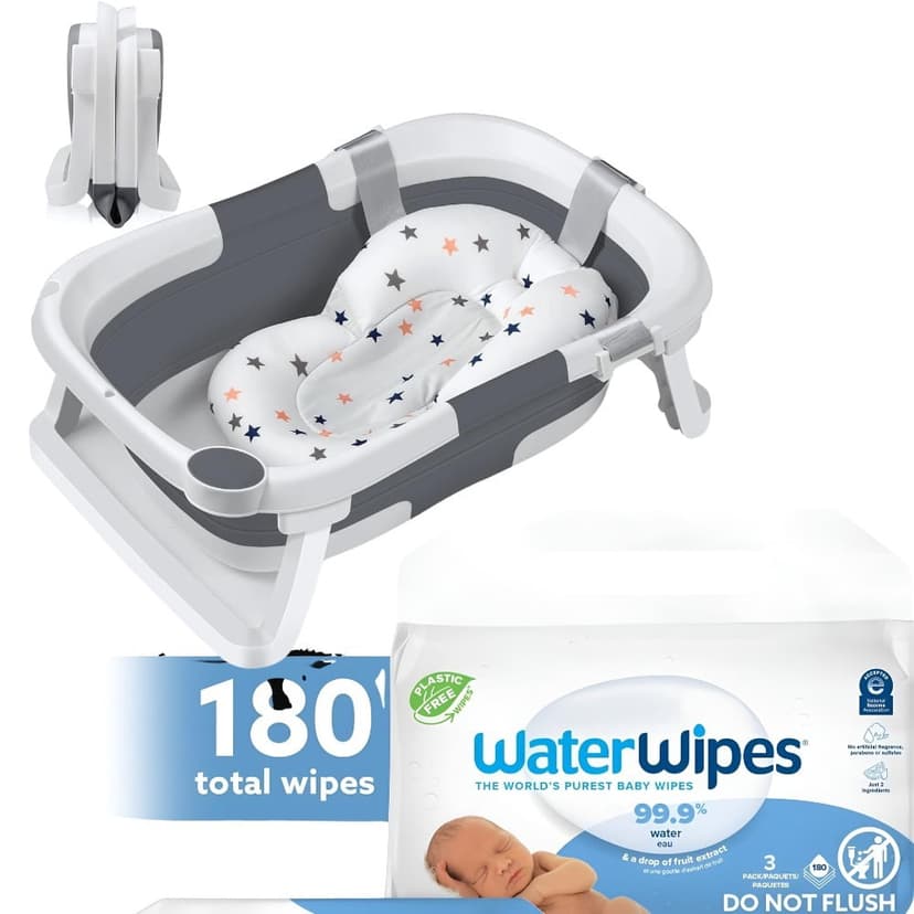 Baby Bathtub for Newborns, Portable Infant Bathtub with Soft Bath Cushion Support for 0-24 Months, Toddler Bath Tub with stand Indoor Travel - With Water Wipes