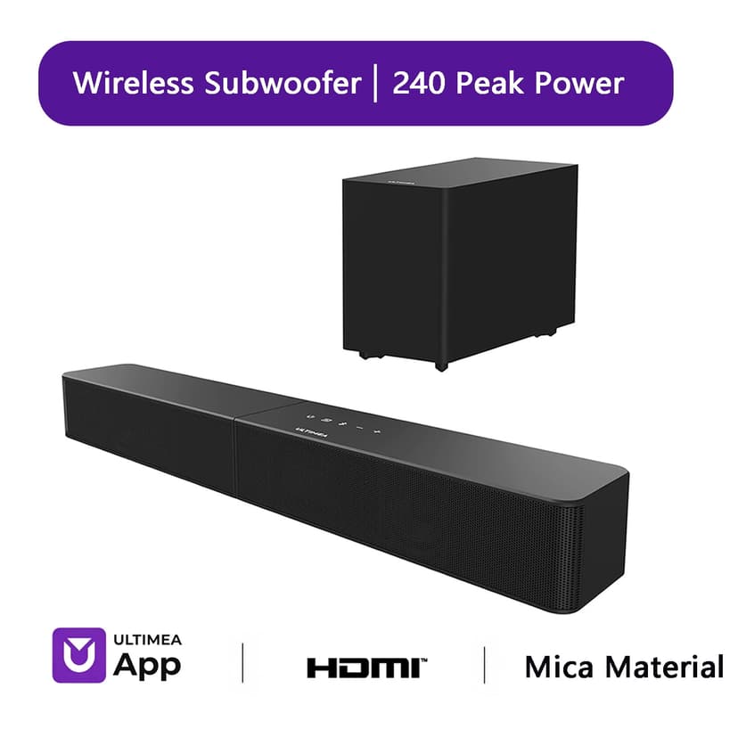 ULTIMEA 2.1ch Sound Bar with Wireless Subwoofer, VoiceMX & BassMX, App Control, 240W Peak Power Soundbar for Smart TV, Adjustable Bass, HDMI, Optical, Bluetooth 6.0, Poseidon M30 (2026 Model)