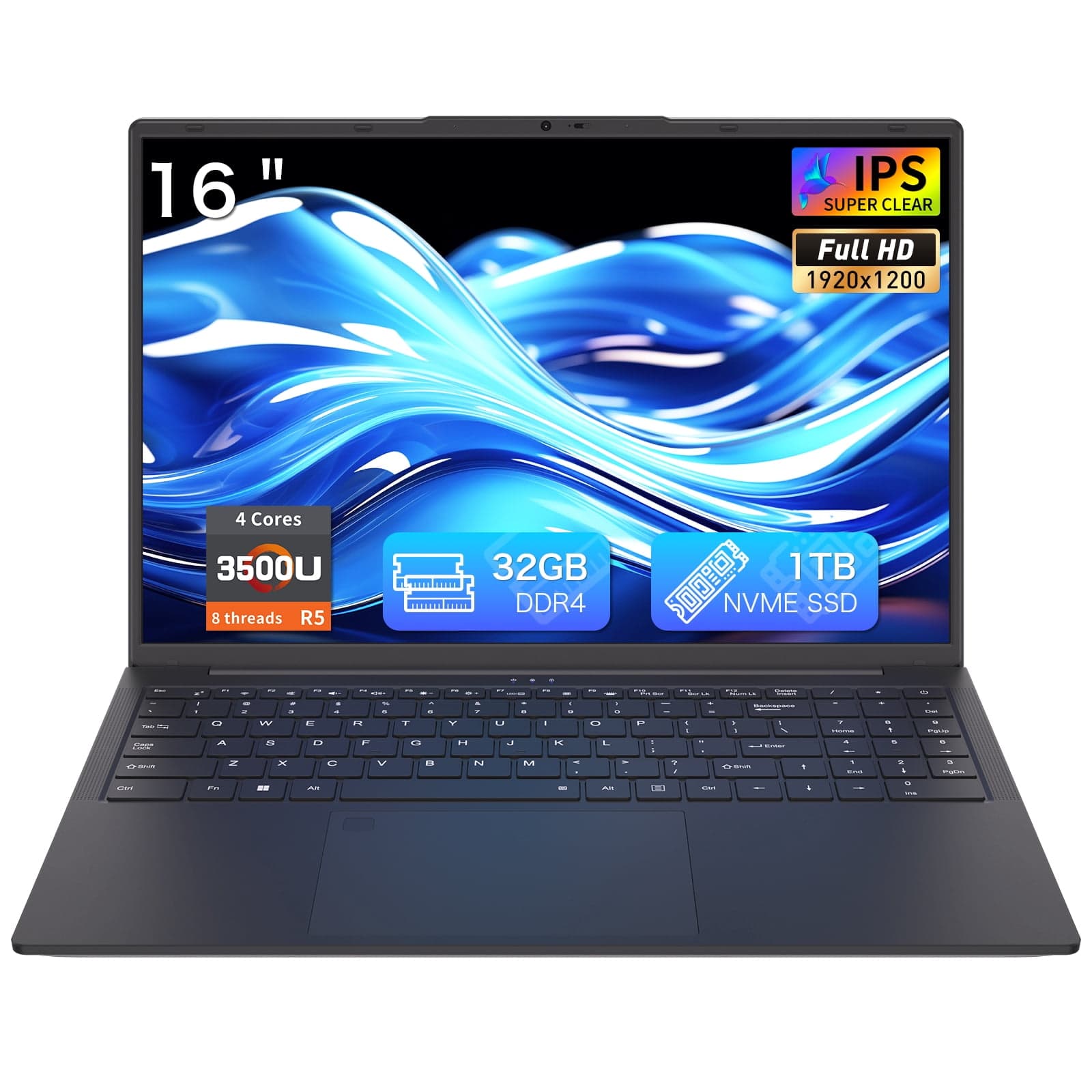 Auusda 16" Business Laptop, Windows 11 Pro Computer Ryzen 3500U , 32GB RAM 1TB SSD, Backlit Keyboard, Fingerprint Unlock,Black