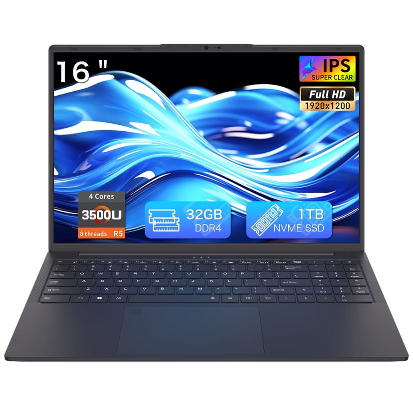 Auusda 16" Business Laptop, Windows 11 Pro Computer Ryzen 3500U , 32GB RAM 1TB SSD, Backlit Keyboard, Fingerprint Unlock,Black