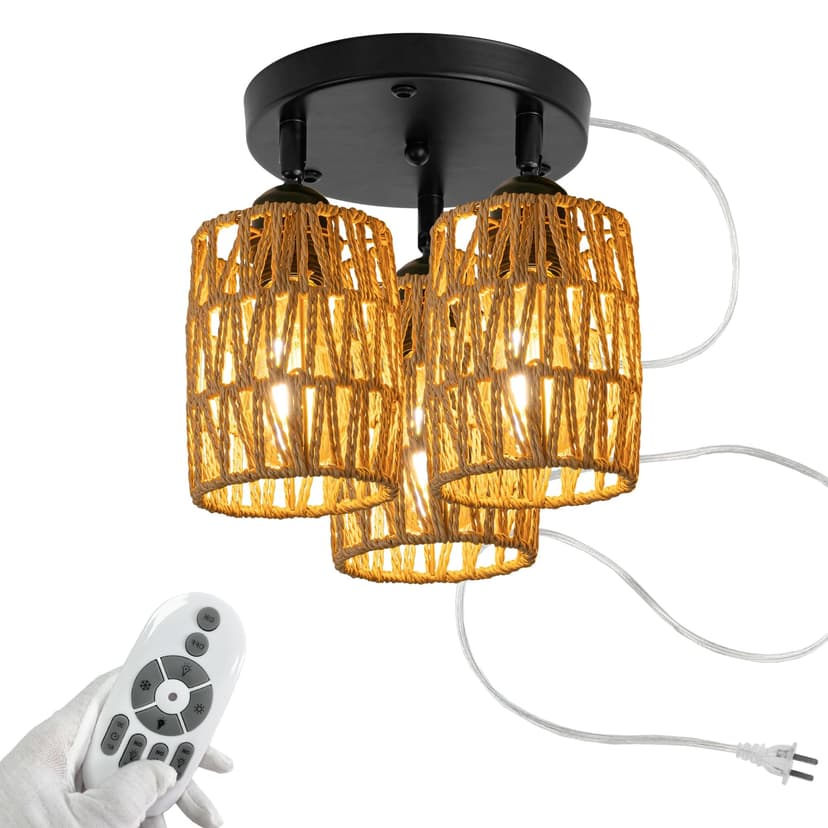 FSLiving 3-Lights Adjustable Gimbaled Light, 15ft Plug-in UL ON/OFF Cord by Remote, Smart Edison Bulbs Iron Canopy Rattan Pendant Light for Sloping Roof, Dining, Staircase, Foyer NO Wiring Needed