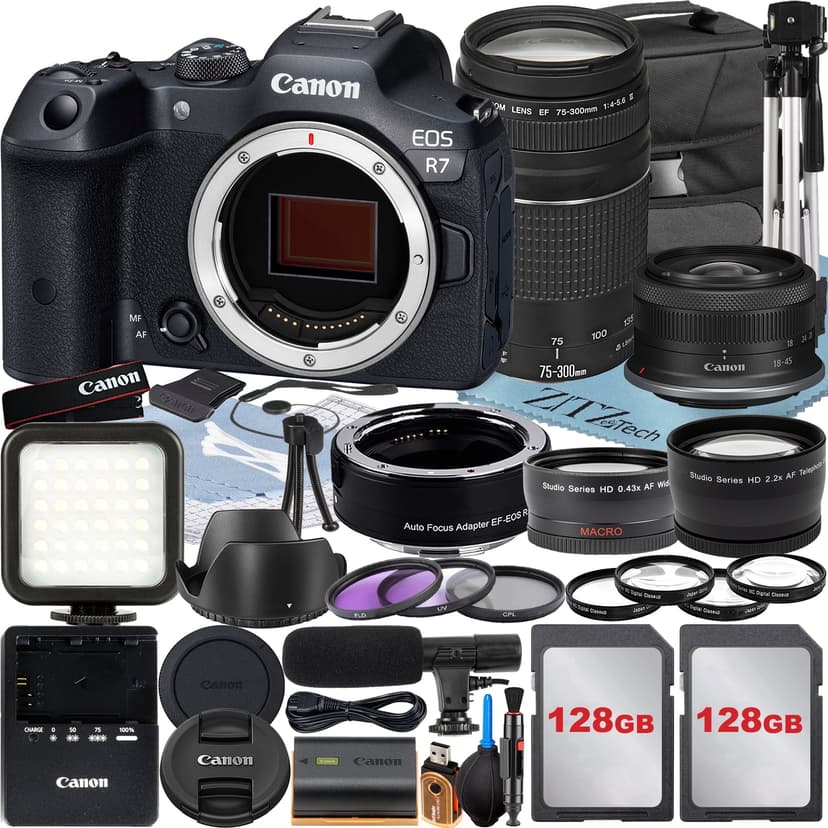 Canon EOS R7 Mirrorless Camera with RF-S 18-45mm + EF 75-300mm Lens + Mount Adapter + 2 Pack 128GB Memory Card + Case + ZeeTech Accessory