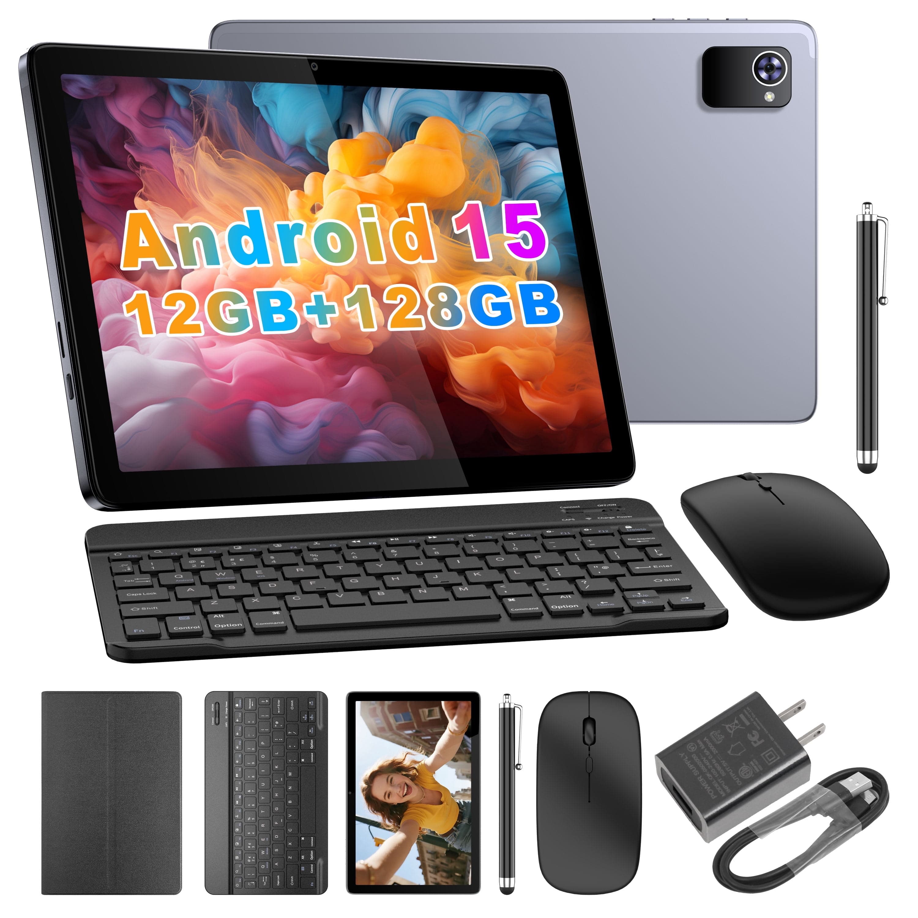 Refurbished BYYBUO 10.1 Inch Android 15 Tablet 12GB RAM, 128GB Storage Expandable to 1TB, IPS HD Display, 6000mAh Battery, Keyboard Case, Wireless Mouse, Metal Stylus