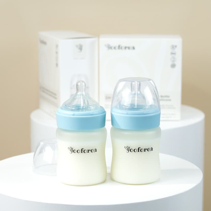 Yooforea Silicone Coated Glass Baby Bottle, 2M+ Medium Flow Nipple I Anti-Colic, Wide Neck, Stable Base I Medical-Grade Silicone Coating Shatter Protection, BPA BPS PVC Free (2 Pack, 150 ML/5OZ-Fog)