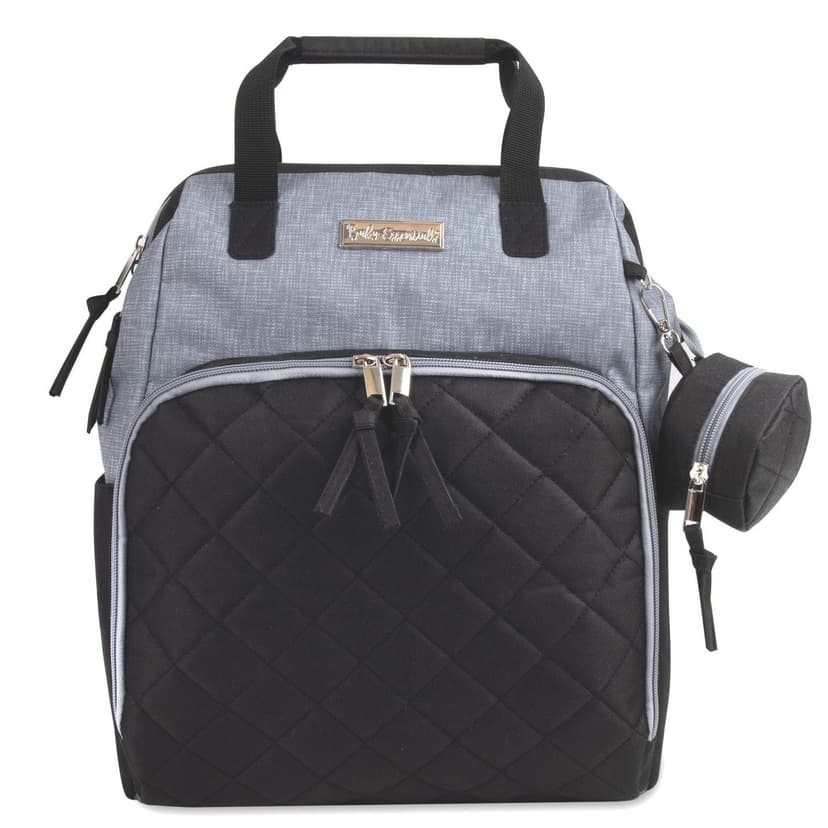 Baby Essentials Super Cooler Main Frame Dual Zipper Closure Diaper Bag Backpack Tote with Matching 6-Ply Changing Pad, Insulated Bottle Pockets, Stroller Straps and Pacifier Pouch in Grey & Black