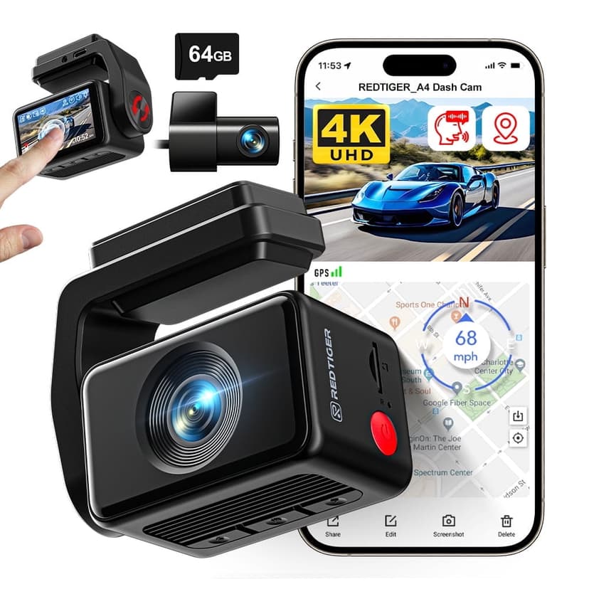 REDTIGER A4 Dash Cam, Dash Cam Front and Rear with WiFi & GPS, 2160P UHD 2.2inch Touch Screen 4K DashCam with Night Vision, G-Sensor, Voice Control, Free 64GB